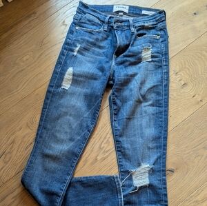 Frame Denim Medium Blue Distressed Skinny Jeans